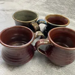SET 4 VTG HANDMADE POTTERY STUDIO ART ASSORTED COLOR GLAZED MUGS ARTIST SIGNED