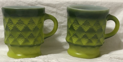 2 VINTAGE ANCHOR HOCKING FIRE KING KIMBERLY DIAMOND MILK GLASS MUGS GREEN