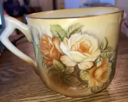 VINTAGE  PORCELAIN MUSTACHE CUP SHAVING MUG, FLORAL ROSES, GOLD RIM
