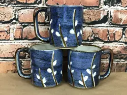 VINTAGE OTAGIRI PUSSYWILLOW BLUE POTTERY COFFEE MUGS (SET OF 3)
