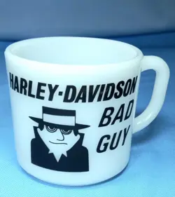 VINTAGE HARLEY DAVIDSON BAD GUY I HAD A BAD IDEA MILK GLASS COFFEE CUP MUG