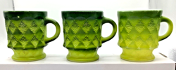 VINTAGE ANCHOR HOCKING FIRE KING KIMBERLY DIAMOND GREEN COFFEE MUGS, SET 3
