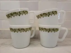 4 VTG PYREX MILK GLASS COFFEE MUG CUP GREEN FLOWERS SPRING BLOSSOM CRAZY DAISY