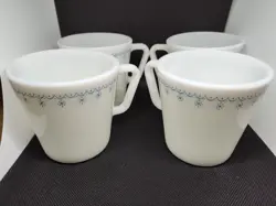 4 VINTAGE PYREX BLUE SNOWFLAKE GARLAND COFFEE CUP MUG #1410: 8OZ, MILK GLASS ?