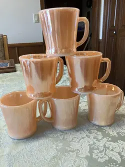 VINTAGE SET OF 6 ANCHOR HOCKING FIRE KING MUG COFFEE CUP PEACH LUSTRE D HANDLE