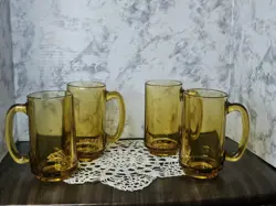 VINTAGE HAZEL ATLAS SMOOTH PRESSED GLASS AMBER BEER MUG SET OF 4