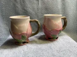 VTG FRANCISCAN DESERT ROSE SCULPTED FOOTED COFFEE MUGS PORTUGAL, SET OF 2