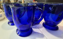 VTG ANCHOR HOCKING COBALT BLUE GLASS MUGS SET OF 4