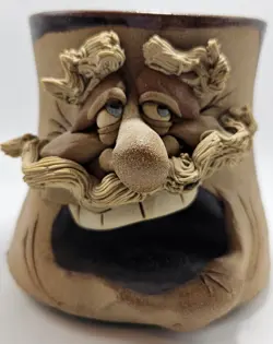 VINTAGE 3D FACE STONEWARE POTTERY MUG LAUGHING FACE W/EYEBROWS AND MUSTACHE