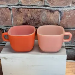 2 VINTAGE 50S GLASBAKE LIPTON SOUP SQUARE MUGS CUPS MUGS SET OF TWO RED  & PINK
