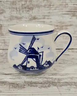 VINTAGE DELFT BLUE WHITE COFFEE CUP HAND PAINTED WINDMILL FLORAL TEA MUG  8OZ