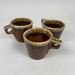 3 VINTAGE HULL POTTERY BROWN DRIP GLAZE COFFEE MUGS CUP OVEN PROOF MADE IN USA