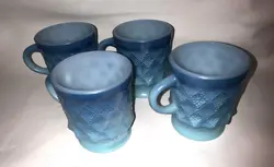 VINTAGE FIRE KING ANCHOR HOCKING BLUE OMBRE DIAMOND GLASS COFFEE MUGS SET 4
