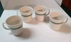 VINTAGE CORELLE SANDSTONE DOUBLE GREEN STRIPE COFFEE CUPS - SET OF 4