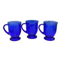 ANCHOR HOCKING COBALT BLUE GLASS 16 OZ COFFEE MUGS FOOTED VINTAGE SET OF 3
