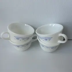 SET 4 VINTAGE MORNING BLUE CORELLE MILK GLASS COFFEE MUGS CORNING PYREX TEA CUPS