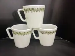 LOT OF 7 VINTAGE PYREX COFFEE MUGS, CRAZY DAISY, SPRING BLOSSOM D-HANDLE,  #1410