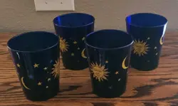 SET OF 4 VINTAGE LIBBEY COBALT BLUE GLASS CELESTIAL SUN MOON STARS DRINKING