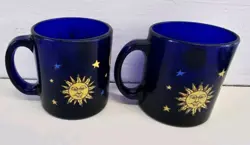 2 VTG LIBBEY COBALT BLUE GLASS 12OZ COFFEE MUG CELESTIAL SUN MOON STARS FRIENDS