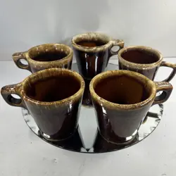 VTG LOT 5 HULL & MCCOY US BROWN DRIP GLAZE POTTERY OVEN PROOF COFFEE MUG CUP EUC