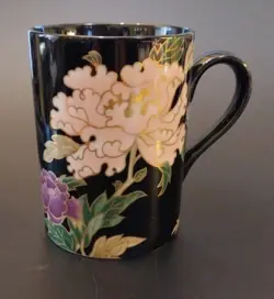 VINTAGE FITZ AND FLOYD CLOISONNE PEONY MUG BLACK PINK GOLD OUTLINE FF75