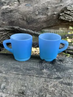 LOT OF 2 VINTAGE ANCHOR HOCKING FIRE KING BLUE STACKABLE COFFEE CUP MUG D HANDLE