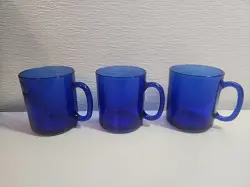 SET OF 3 VINTAGE ARCOROC FRANCE COBALT BLUE GLASS COFFEE CUPS MUGS NO SCRATCHES!