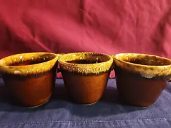 HULL POTTERY BROWN DRIP GLAZE COFFEE/ TEA CUPS OVEN PROOF USA SET OF 3 VINTAGE