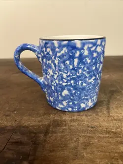 VINTAGE STANGL TOWN & COUNTRY BLUE HAND PAINTED MUG CUP POTTERY SPONGEWARE