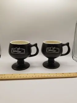 VTG MCM HALL POTTERY PEDESTAL COFFEE/TEA CUP MUG USA 2274 BLACK WHITE CAPPUCCINO