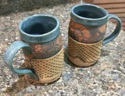 HANDMADE POTTERY MUGS ARTIST MADE SIGNED, VINTAGE, STURDY AND UNIQUE--SET OF 2
