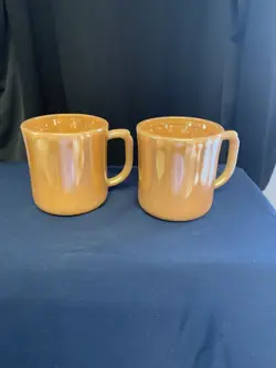 VINTAGE FIRE KING (2) DEMI MUGS, COFFEE CUPS, PEACH LUSTRE OVEN WARE IRIDESCENT