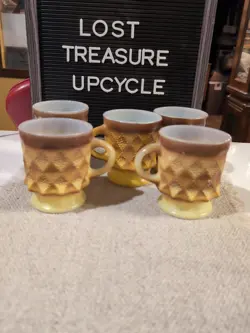 ?SET OF 5 VINTAGE ANCHOR HOCKING FIRE KING KIMBERLY DIAMOND CUPS MUGS STACKABLE