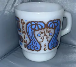 FIRE-KING VINTAGE GEMINI ZODIAC MILK GLASS COFFEE MUG CUP~RARE
