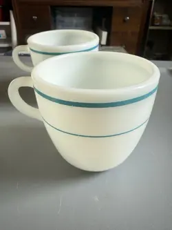4 VINTAGE PYREX CORNING WHITE MILK GLASS W/ TEAL STRIPE COFFEE TEA MUG CUP