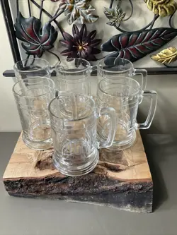 VINTAGE SET OF 6 MONOGRAMMED ETCHED GLASS HANDLED BEER MUGS M, CHIPS/CRACKS