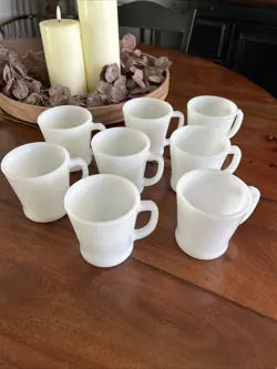 8 VINTAGE FIRE KING ANCHOR HOCKING WHITE MILK GLASS D-HANDLE COFFEE CUPS 8OZ