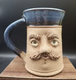 VINTAGE UGLY FUNNY FACE POTTERY MUG BLUE GLAZE SIGNED