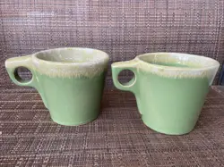 2 VINTAGE HULL AVOCADO GREEN DRIP GLAZE MUGS