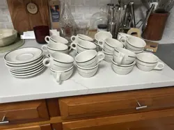 BUFFALO CHINA VINTAGE GREEN STRIPED 23 MUGS AND 7 SAUCERS DINER