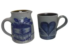 VINTAGE SALT GLAZED POTTERY, MUG AND PITCHER BY ROWE AND SALMON FALLS