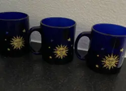 SET OF 3 VINTAGE 90S LIBBEY COBALT BLUE GLASS MUGS CELESTIAL SUN AND MOON USA