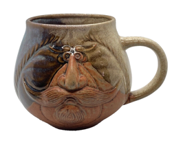 VINTAGE POTTERY CRAFT FACE COFFEE MUG MOUSTACHE BROWN BLUE WHITE  USA