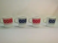 4 VINTAGE ANCHOR HOCKING FIRE KING POLKA DOTS & LACE MILK GLASS COFFEE MUGS