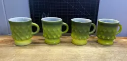 4 VINTAGE FIRE KING KIMBERLY DIAMOND POINT COFFEE GREEN CUPS MUGS SET