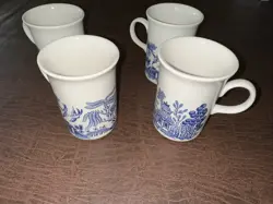 VINTAGE SET 4 BLUE WILLOW CHURCHILL MADE IN ENGLAND COFFEE TALL CUPS MUGS 4