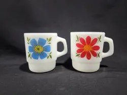VTG FIRE KING FLOWER MILK GLASS STACKABLE MUGS