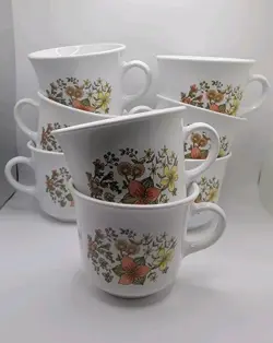 8 VTG 1970 CORELLE CORNING WARE INDIAN SUMMERCOFFEE CUPS ORANGE YELLOW & GREEN