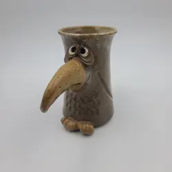 VINTAGE CRAZY 3D ART POTTERY BIRD COFFEE MUG ANIMAL FACE SIGNED HANDMADE