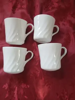 VINTAGE CORNING WARE WHITE SWIRL MUGS, SET OF 4. MINT/UNUSED COND!